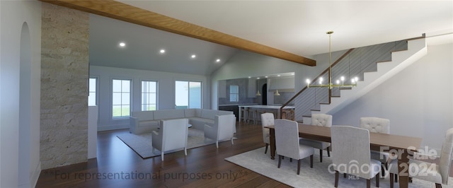 dining space featuring a notable chandelier, high vaulted ceiling, dark hardwood / wood-style floors, and beamed ceiling