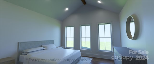 bedroom featuring high vaulted ceiling, dark hardwood / wood-style floors, and beamed ceiling