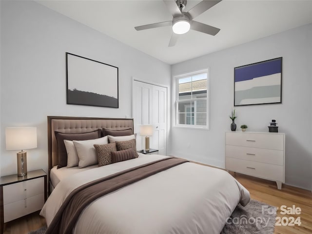 bedroom with ceiling fan, a closet, and light wood-type flooring