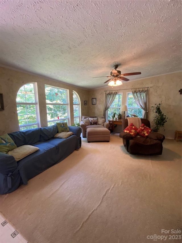 living room featuring carpet flooring, ceiling fan, a textured ceiling, and a wealth of natural light