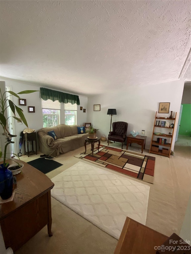 living room with light colored carpet and a textured ceiling