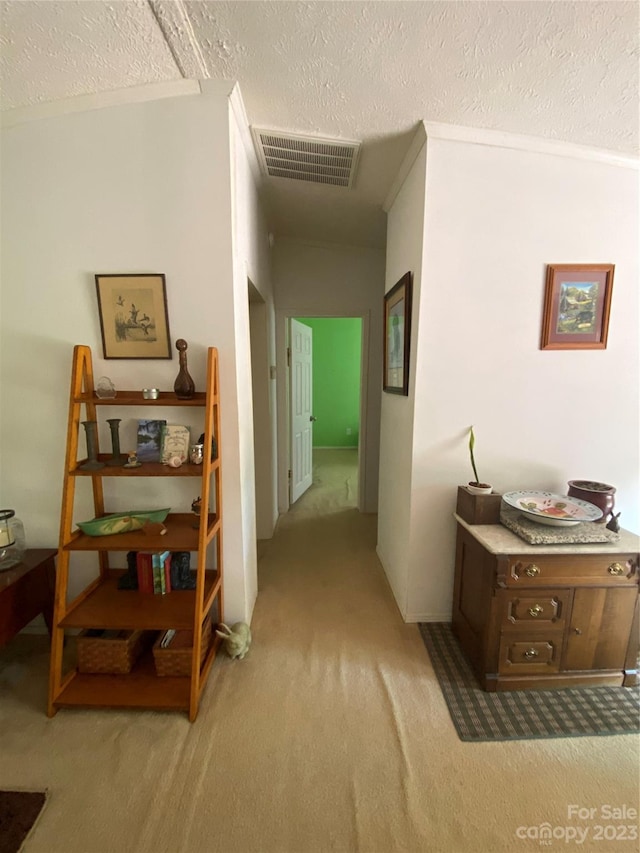 hallway with a textured ceiling and light colored carpet