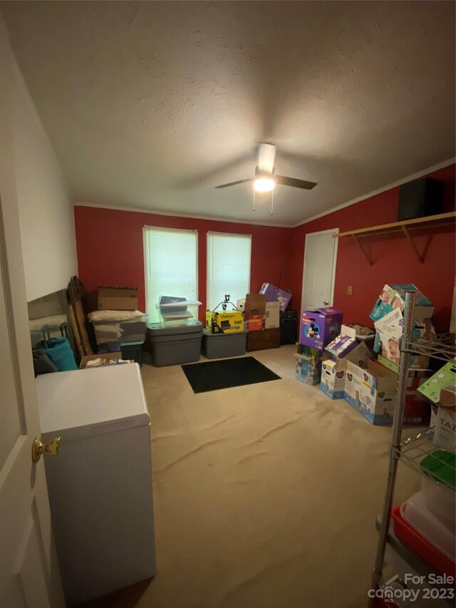 bedroom with a textured ceiling and ceiling fan