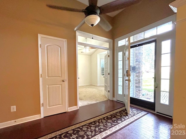 foyer entrance featuring a healthy amount of sunlight, ceiling fan, and dark hardwood / wood-style floors