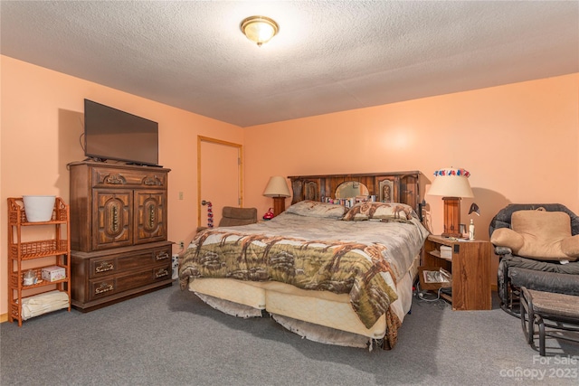 carpeted bedroom with a textured ceiling