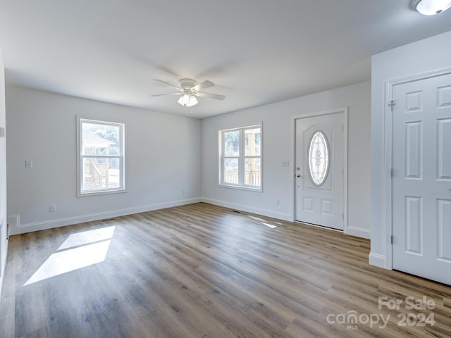 foyer featuring ceiling fan and light hardwood / wood-style floors