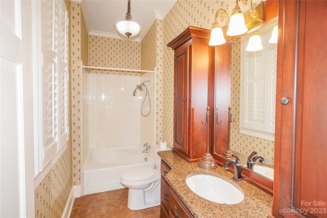 full bathroom featuring toilet, crown molding, bathing tub / shower combination, tile floors, and vanity