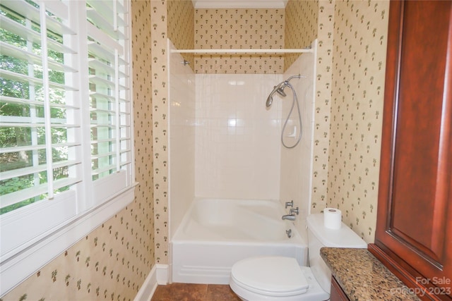 full bathroom featuring vanity, tile flooring, bathtub / shower combination, and toilet