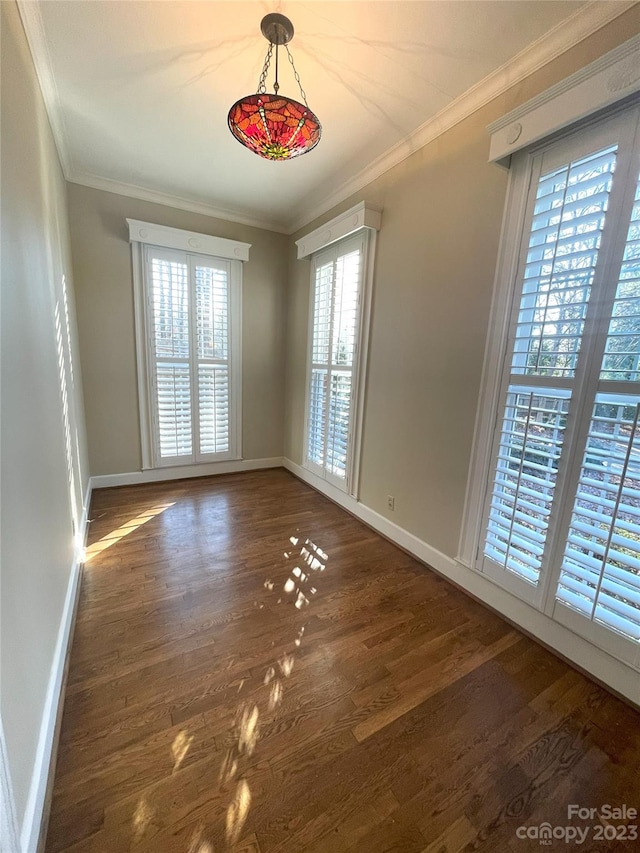 empty room featuring dark wood-type flooring and ornamental molding