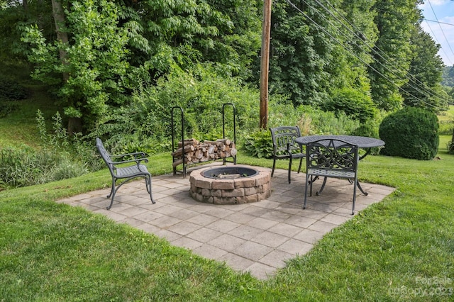 view of patio / terrace featuring an outdoor fire pit