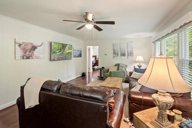 living room with ceiling fan and dark hardwood / wood-style floors