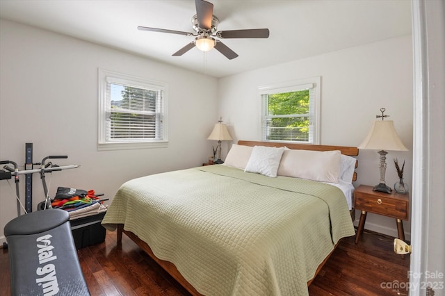 bedroom featuring dark hardwood / wood-style floors and ceiling fan