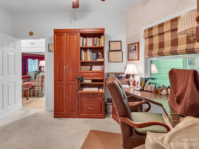 office area with ceiling fan, light colored carpet, and plenty of natural light