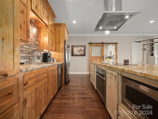 kitchen with appliances with stainless steel finishes, light stone counters, ornamental molding, island range hood, and a barn door