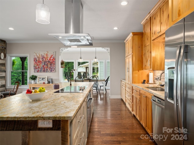 kitchen featuring sink, a large island, light stone counters, island exhaust hood, and stainless steel appliances