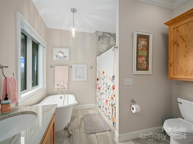 full bathroom featuring crown molding, toilet, shower with separate bathtub, and vanity