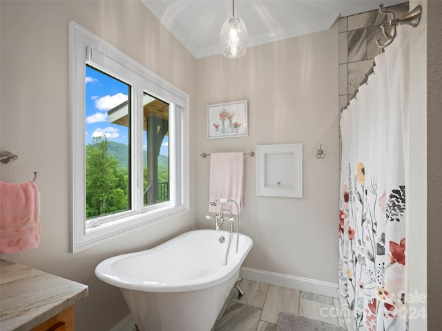 bathroom featuring plus walk in shower and crown molding