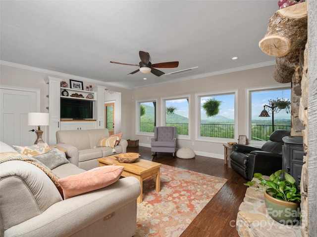 1590 S 226th Hwy, Bakersville, NC 28705 - living room with dark wood-style floors, baseboards, recessed lighting, a ceiling fan, and crown molding