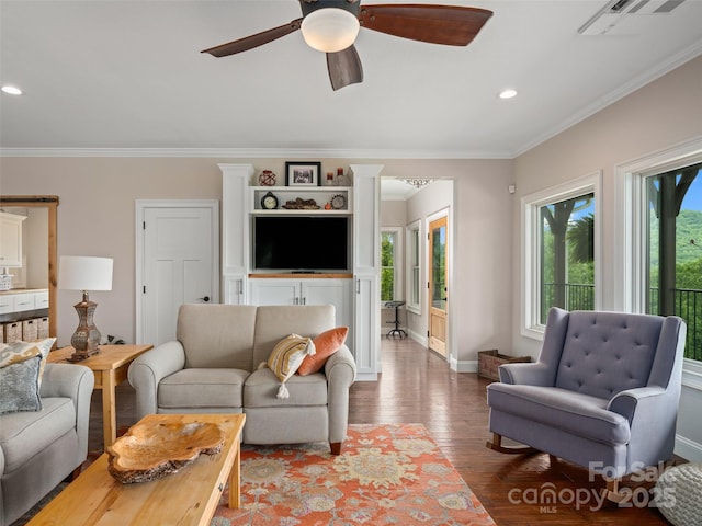1590 S 226th Hwy, Bakersville, NC 28705 - living area with a ceiling fan, wood finished floors, ornamental molding, visible vents, and recessed lighting