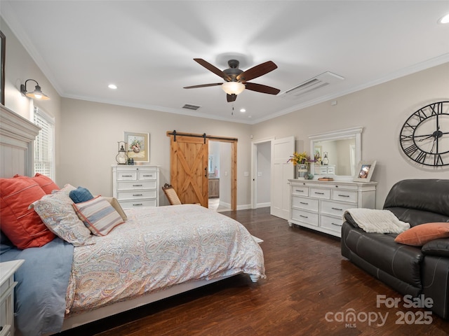 1590 S 226th Hwy, Bakersville, NC 28705 - bedroom with recessed lighting, dark wood finished floors, ornamental molding, and a barn door