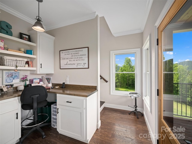 1590 S 226th Hwy, Bakersville, NC 28705 - home office with built in study area, baseboards, crown molding, and dark wood-type flooring