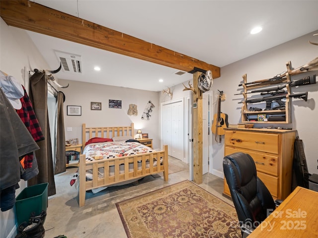 1590 S 226th Hwy, Bakersville, NC 28705 - bedroom featuring beam ceiling, visible vents, and recessed lighting