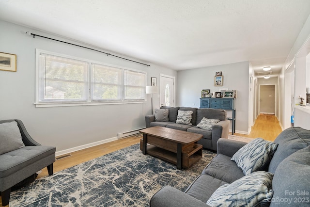 living room featuring hardwood / wood-style floors and a baseboard radiator