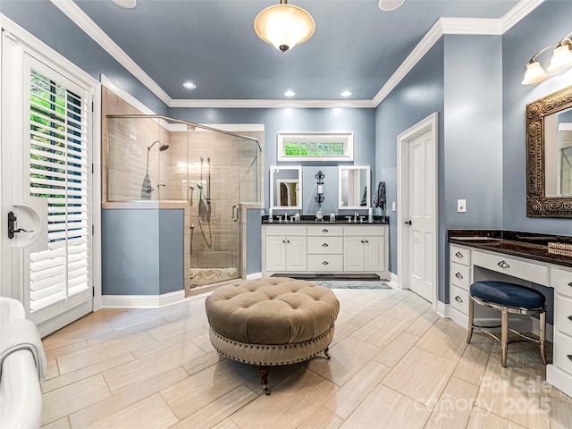 202 Emerald Ln, Maggie Valley, NC 28751 - full bath featuring a shower stall, vanity, recessed lighting, baseboards, and ornamental molding