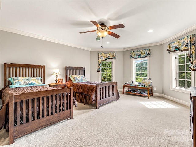 202 Emerald Ln, Maggie Valley, NC 28751 - bedroom with carpet floors, baseboards, ornamental molding, recessed lighting, and a ceiling fan