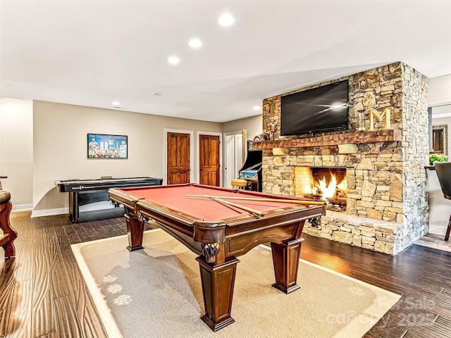 202 Emerald Ln, Maggie Valley, NC 28751 - playroom with a stone fireplace, recessed lighting, billiards table, baseboards, and wood finished floors