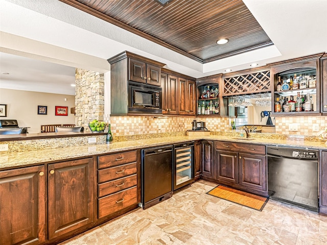 202 Emerald Ln, Maggie Valley, NC 28751 - kitchen with beverage cooler, dishwasher, black microwave, open shelves, and backsplash
