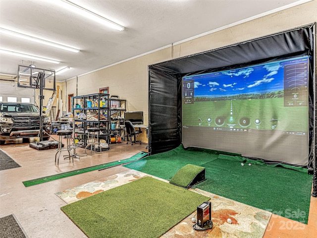 202 Emerald Ln, Maggie Valley, NC 28751 - game room with golf simulator and concrete block wall