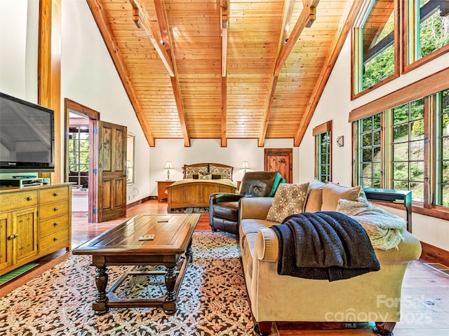 202 Emerald Ln, Maggie Valley, NC 28751 - living room featuring healthy amount of natural light, wood ceiling, wood finished floors, beamed ceiling, and high vaulted ceiling