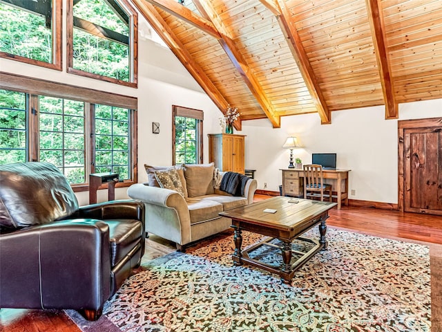 202 Emerald Ln, Maggie Valley, NC 28751 - living area with wood finished floors, beamed ceiling, wooden ceiling, high vaulted ceiling, and baseboards