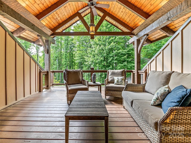 202 Emerald Ln, Maggie Valley, NC 28751 - wooden deck with outdoor lounge area, ceiling fan, and a gazebo