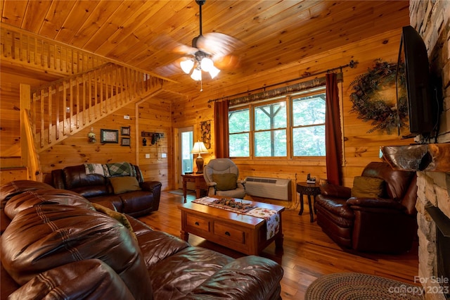 living room with wooden ceiling, ceiling fan, dark wood-type flooring, and wooden walls