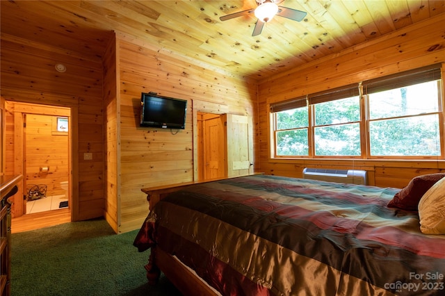 bedroom with wood walls, carpet floors, wooden ceiling, and ceiling fan