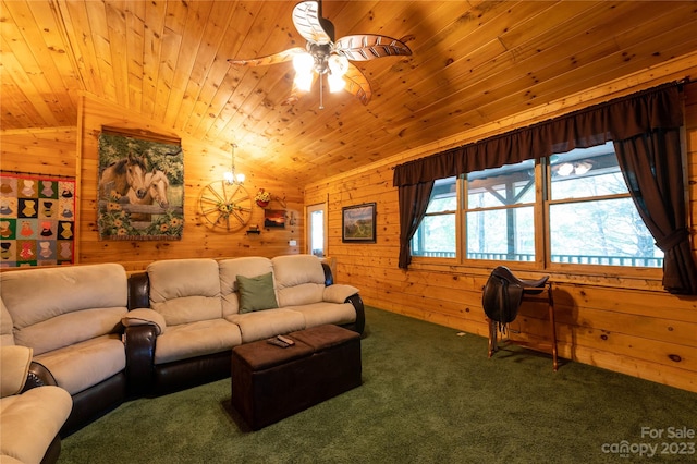 carpeted living room with wooden walls, wooden ceiling, ceiling fan, and lofted ceiling