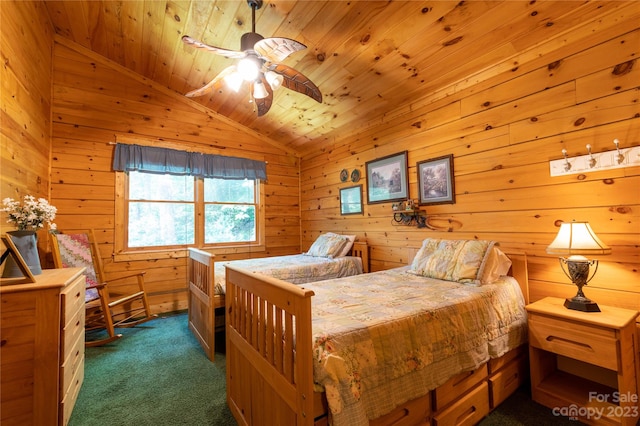 bedroom featuring wood ceiling, ceiling fan, dark colored carpet, and lofted ceiling