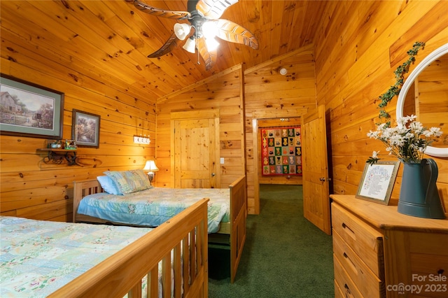 carpeted bedroom featuring wood ceiling, wooden walls, ceiling fan, and lofted ceiling