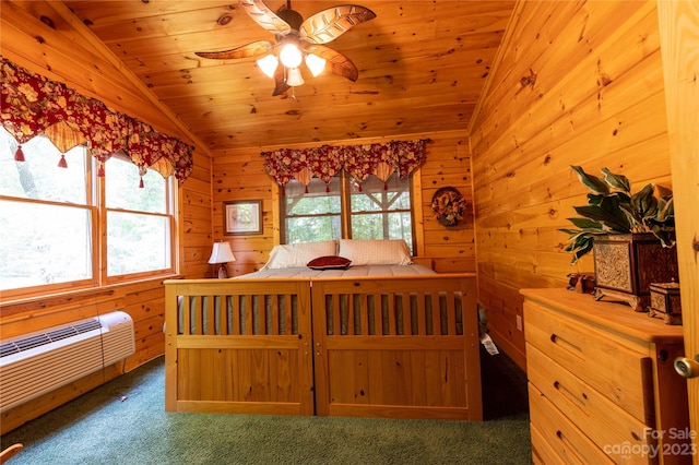 carpeted bedroom featuring wood ceiling, lofted ceiling, wood walls, and ceiling fan