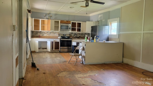 kitchen featuring tasteful backsplash, appliances with stainless steel finishes, sink, ceiling fan, and light hardwood / wood-style flooring