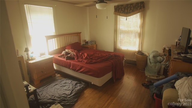 bedroom with ceiling fan, multiple windows, and dark wood-type flooring