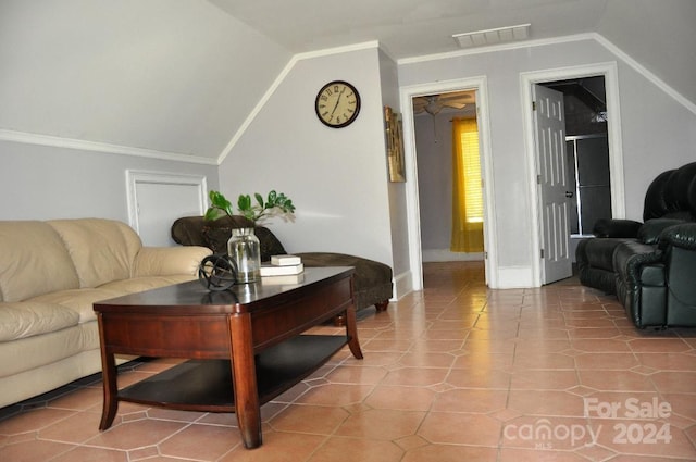 tiled living room with crown molding, lofted ceiling, and ceiling fan