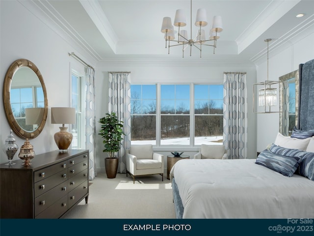 bedroom with an inviting chandelier, ornamental molding, a raised ceiling, and light colored carpet