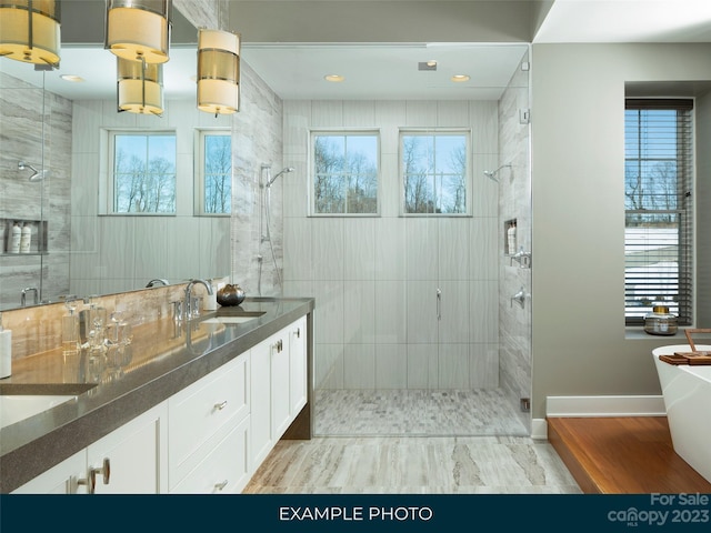 bathroom with plus walk in shower and vanity