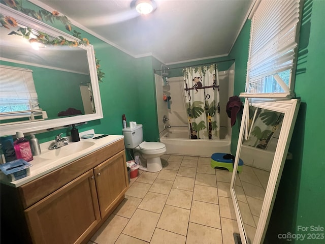 full bathroom featuring shower / bath combo, toilet, ornamental molding, tile flooring, and vanity