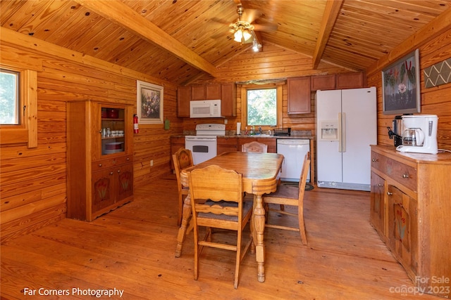 dining space with wooden ceiling, light hardwood / wood-style flooring, ceiling fan, lofted ceiling with beams, and sink