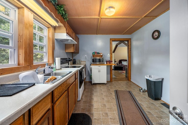 kitchen with white electric range, sink, wood ceiling, and light tile flooring