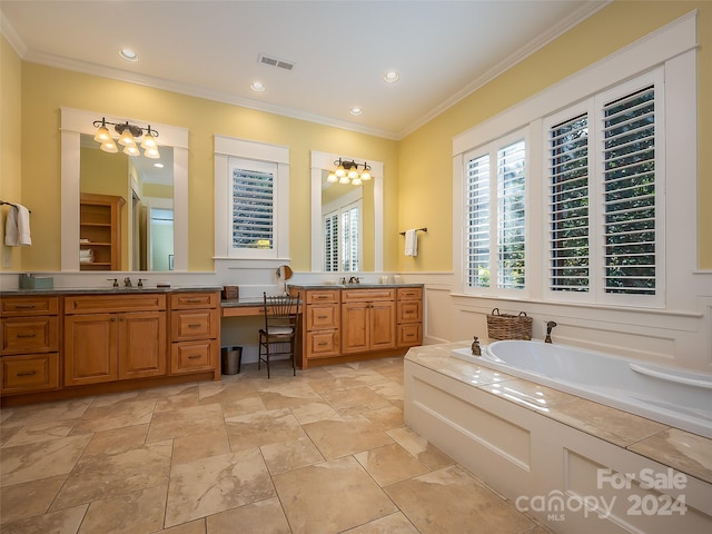 bathroom featuring a bath to relax in, tile flooring, vanity, and crown molding